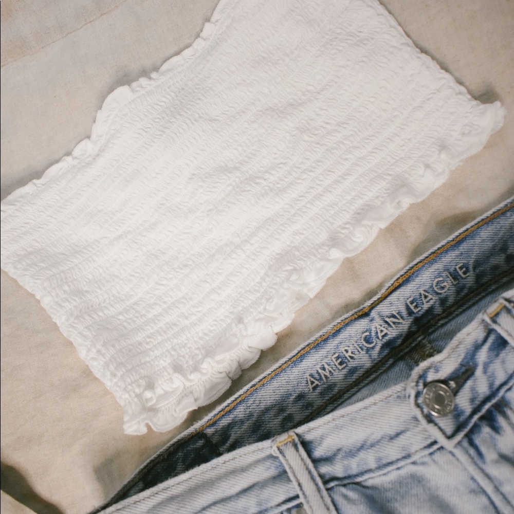 Forever 21 White Ruched Bandeau Crop Top